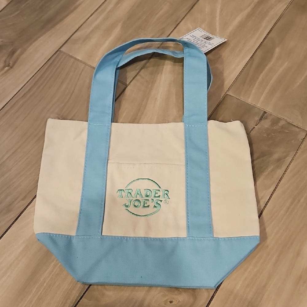 Trader Joes Pastel Blue and Cream Tote Bag